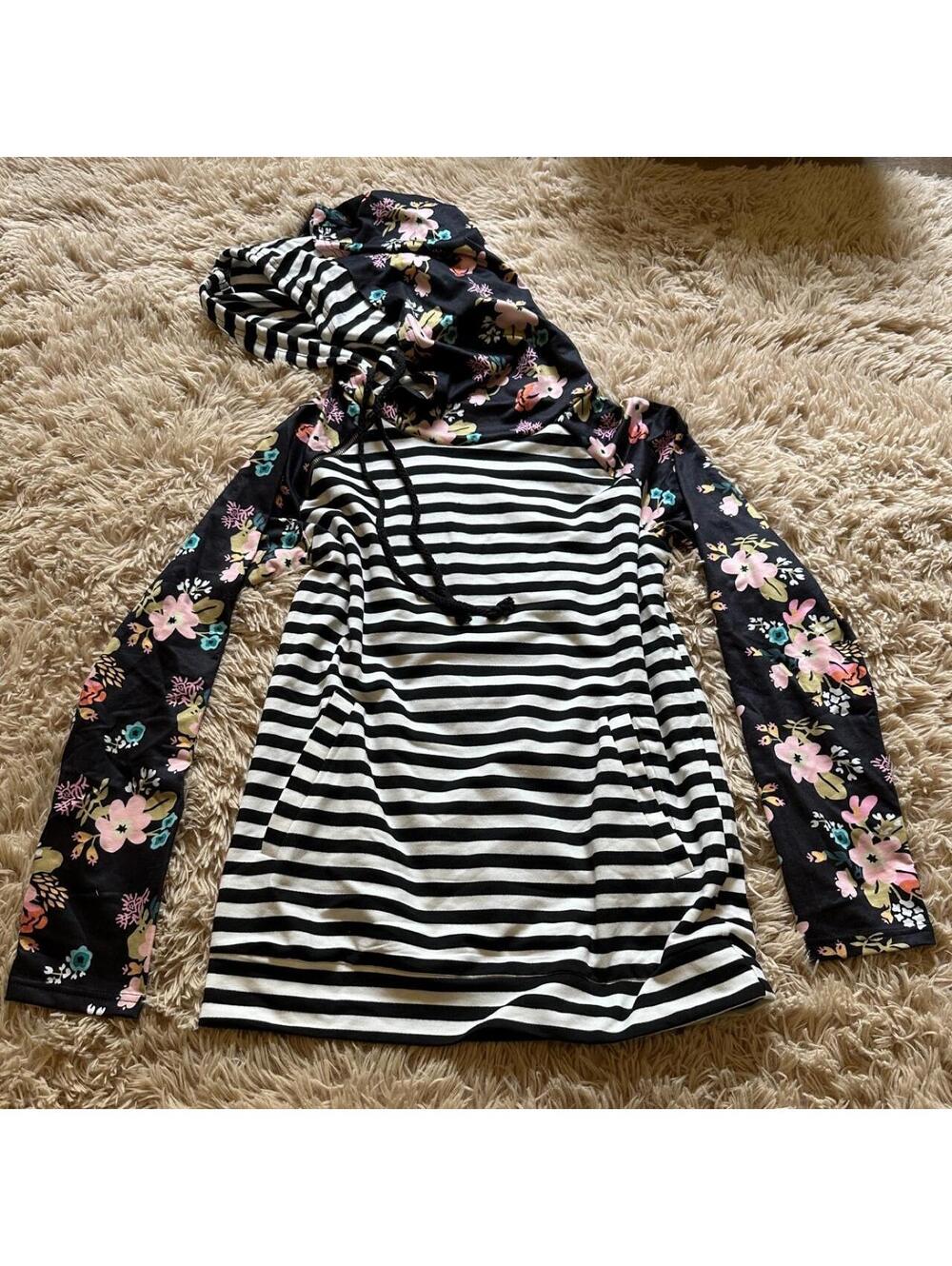 Women's Striped and Floral Long Sleeve Hoodie Size S